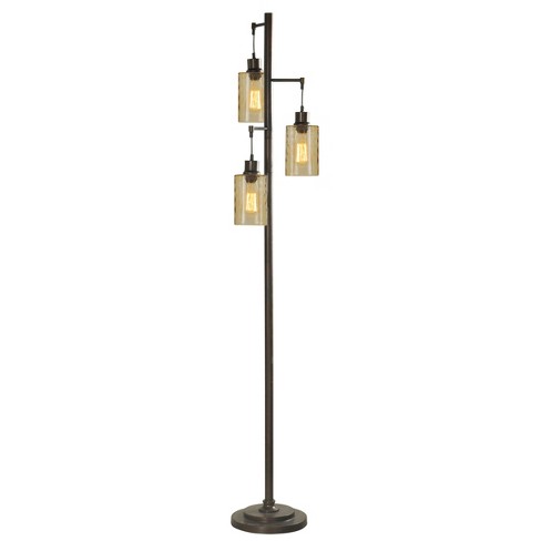 3 Head Bronze Floor Lamp With Dimpled, Standing Lamp Glass Shade