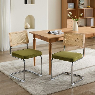 Set of 2 Mid Century Modern Cane Dining Chairs with Velvet Seat and Chrome Cantilever Base,Breuer Rattan Accent Chairs-Baofuwish