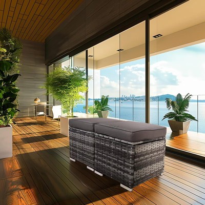 GlasFlength Ottomans and Benches, Set of 2 Patio PE Rattan Ottomans with Hidden Storage and Removable Cushion for Garden, Gray, 15.74"*15.75"*13.38"