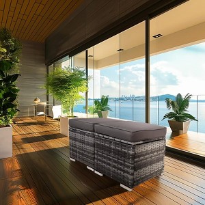 GlasFlength Ottomans and Benches, Set of 2 Patio PE Rattan Ottomans with Hidden Storage and Removable Cushion for Garden, Gray, 15.74"*15.75"*13.38" - 1 of 4