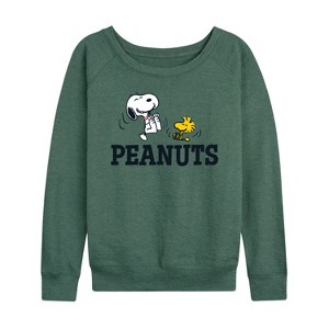 Women's - Peanuts - Snoopy And Woodstock Lightweight French Terry Wide Neck Long Sleeve Shirt - 1 of 4