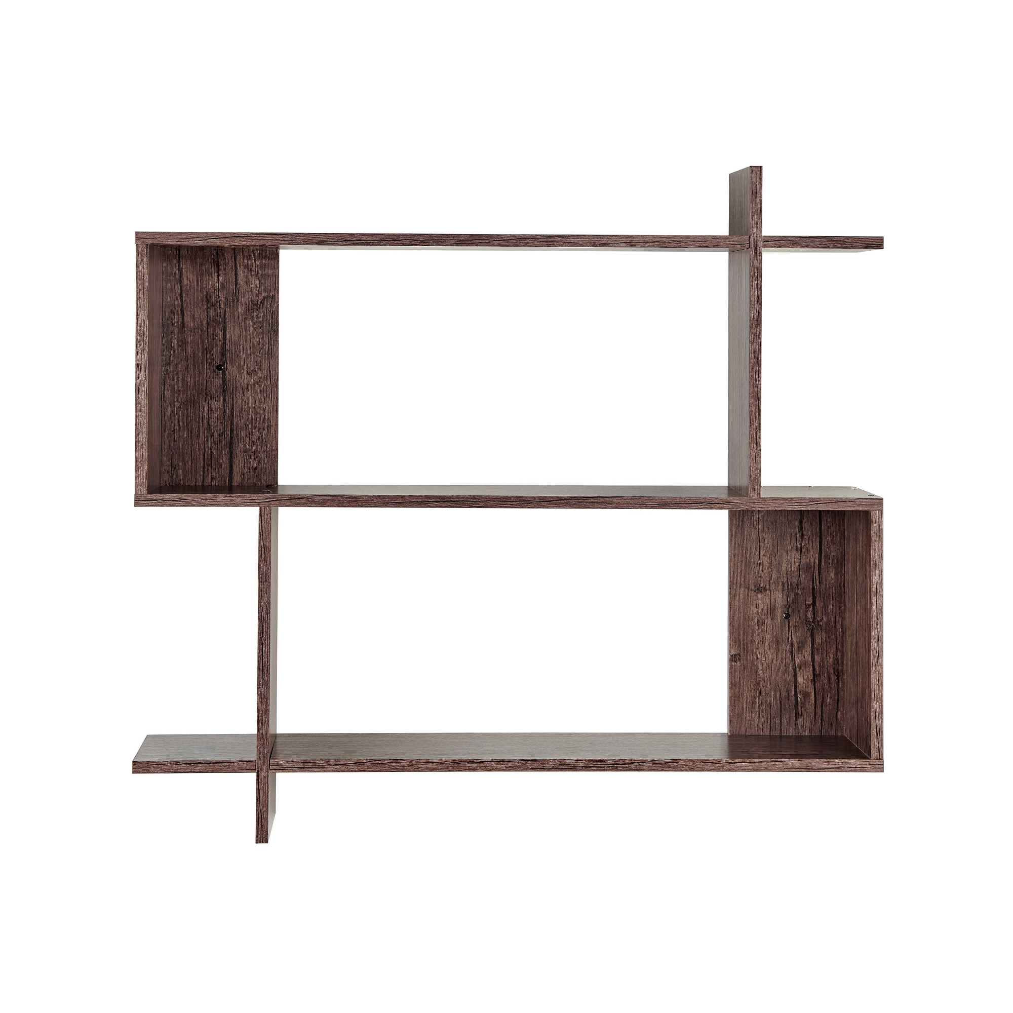Danya B. 35.4" x 32" Manasa Floating Geometric Kilter 2 Tier Wall Shelf Hickory Dark Brown: Mid-Century Modern MDF & Iron