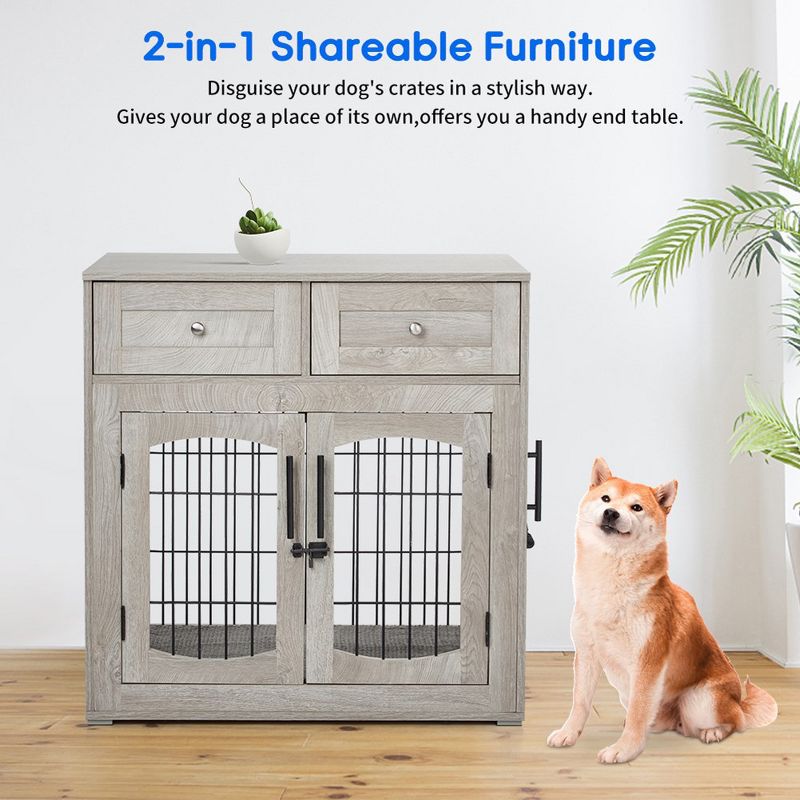 Dog Crate Furniture with 3 Doors,39.4" Large Dog Crate with 2 Drawer & Cushion,Wooden Dog House Kennel for Medium/Large Dog, 2 of 6