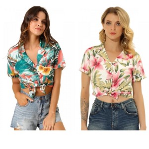 Allegra K Women's Hawaiian Floral Leaves Printed Short Sleeve Button Down Vintage Shirt 2 Pcs - 1 of 4