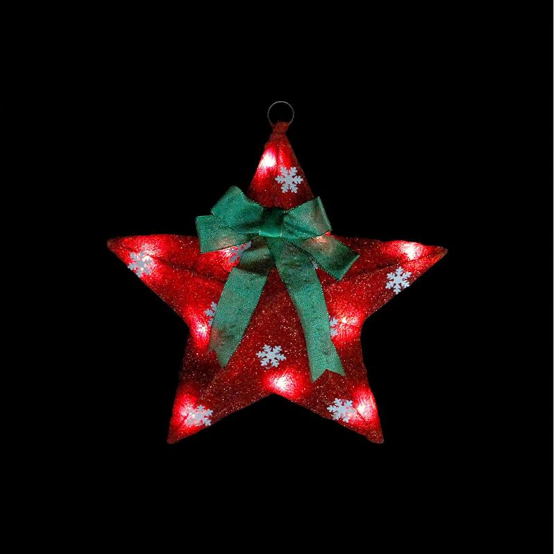 Northlight 17" Pre-Lit Green and Red Hanging Christmas Star Window Decor with Bow, 2 of 3