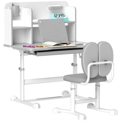 INFURNIC Kids Table Sets Height Adjustable Desk and Chair Set with Storage and Reading Rack for Study, Gray, 31.5"*21.7"*42.3"