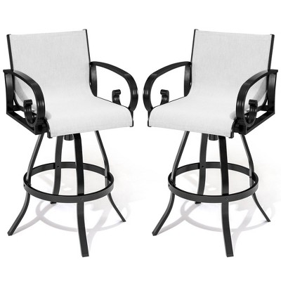 Crestlive Products Patio Sunbrella Swivel Bar Stools Set of 2 Outdoor Bar Height Barstools Aluminum Bar Chairs with High Back Armrest and Footrest