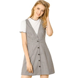 Allegra K Women's V Neck Gingham Check Pinafore Overalls Suspenders Plaid Print Dress - 1 of 4