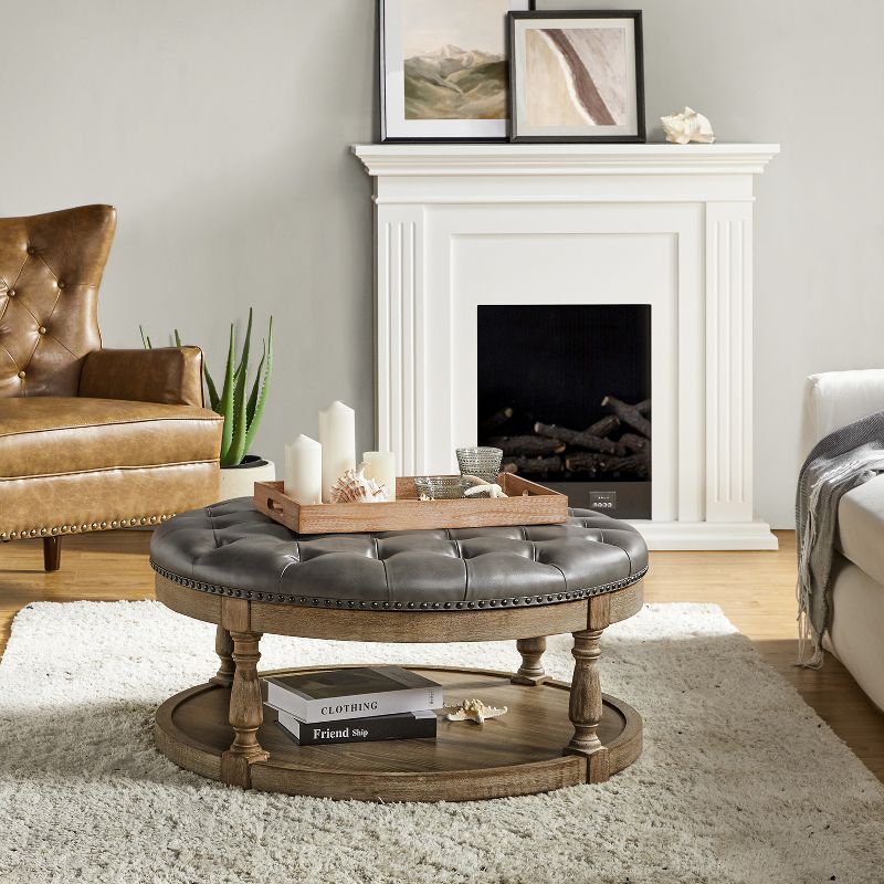 Chloe Vegan Leather Round Cocktail Ottoman with Storage and Nailhead | ARTFUL LIVING DESIGN, 3 of 11