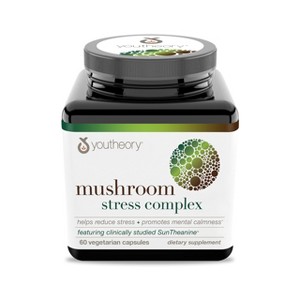 Youtheory Mushroom Stress Complex, Organic Full-Spectrum Mushroom with L-Theanine, Help Reduce Stress and Promotes Sense of Calmness, 60 Vege Capsules - 1 of 4