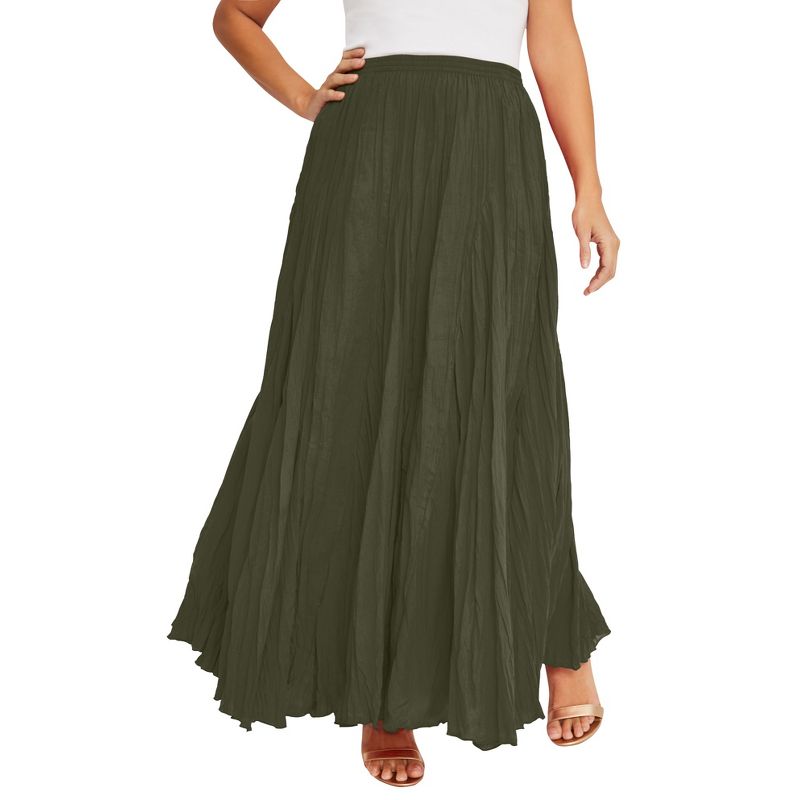 Jessica London Women's Plus Size Elastic Waist Cotton Flowing Maxi Crinkled Skirt, 1 of 2