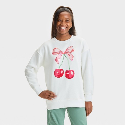 Girls Pullover Fleece Cherry Bow Crewneck Sweatshirt art class White XS