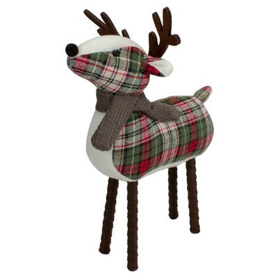 16" Green and Red Plaid Wooden Deer Figurine