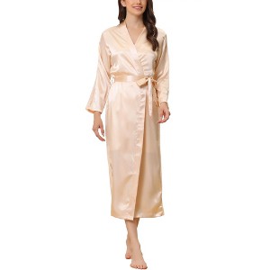 cheibear Women's Satin Solid Robe Lace Trim Long Sleeve Bridesmaid Gown Bathrobe - 1 of 4