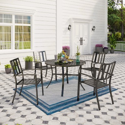 Captiva Designs 5pc Patio Dining Steel Set with Slat-top Round Table & Metal Chairs with Stylish Back