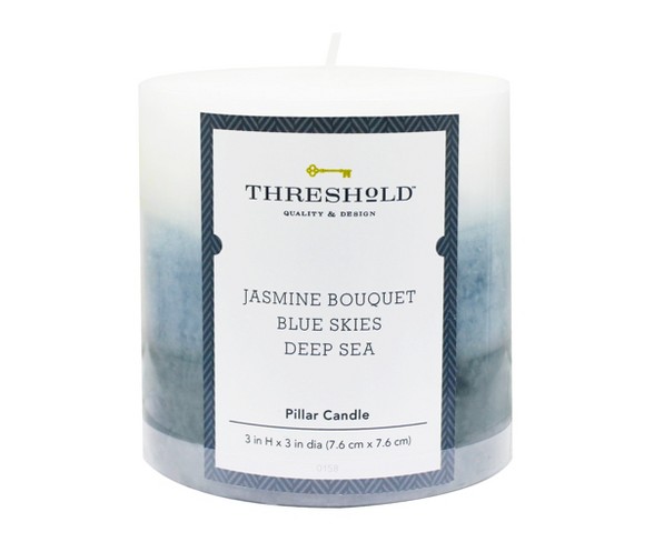 3" x 3" Layered Mottled Pillar Candle Jasmine Bouquet/Blue Skies/Deep Sea - Threshold&#153;