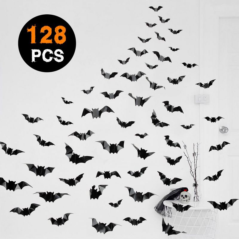 128 Pcs Bats Sticker Halloween Party Supplies Decorations, 4 Sizes Realistic 3D Bats Wall Decor, 2 of 5