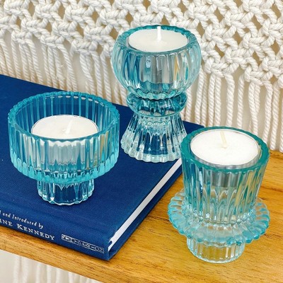 Blue Ribbed Glass Dual-Sided Candlestick and Tealight Holders Set