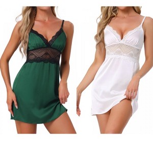 INSPIRE CHIC Women 2 Pcs Satin Silky Lace Chemise Nightgowns Full Slip Dress Sleepwear - 1 of 4
