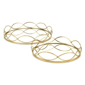 HomeRoots 15" Gold Round Metal Handmade Tray With Handles - 1 of 4