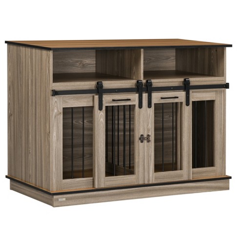 Pawhut Dog Crate Furniture For Large Dogs Double Dog Kennel For Small Dogs With Shelves Sliding Doors 47 X 23.5 X 35