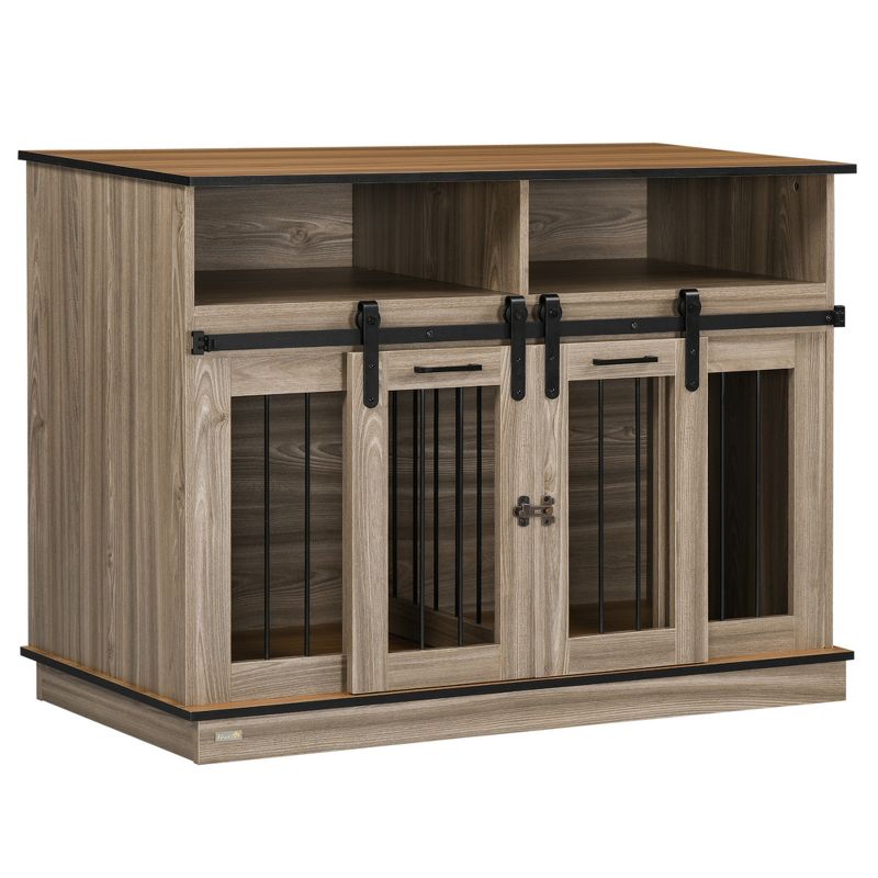 PawHut Dog Crate Furniture for Large Dogs, Double Dog Kennel for Small Dogs with Shelves, Sliding Doors, 1 of 10