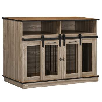 PawHut Dog Crate Furniture for Large Dogs, Double Dog Kennel for Small Dogs with Shelves, Sliding Doors