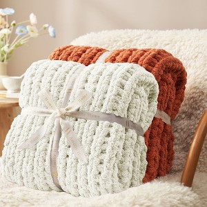 Handmade Chenille Throw Blankets Group of 2 Blankets, Chunky Knit Cable Knitted Crochet Blankets Collection-Amelie Home - 1 of 4