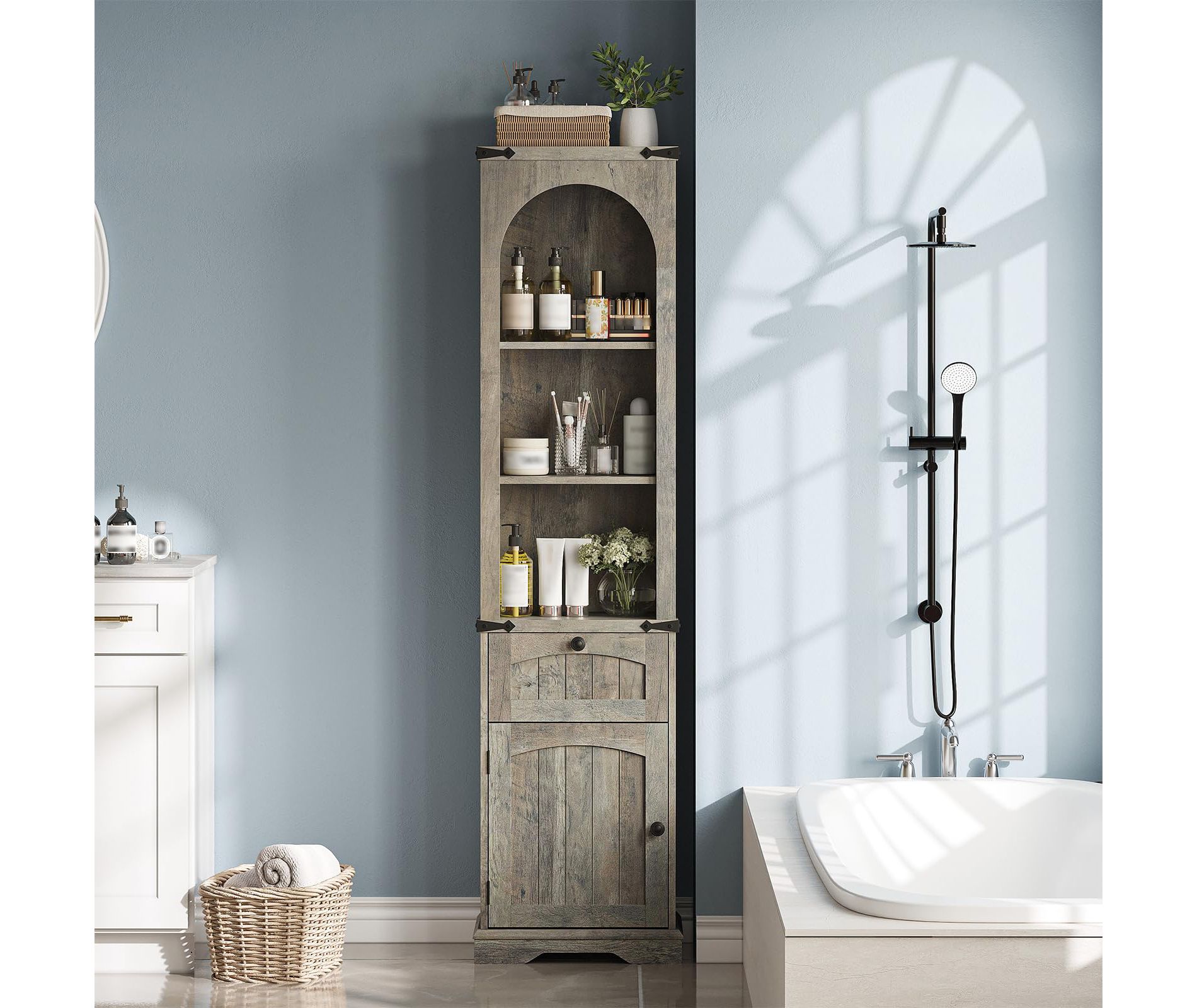 69" Tall Storage Cabinet, Narrow Arched Freestanding Tower Cabinet