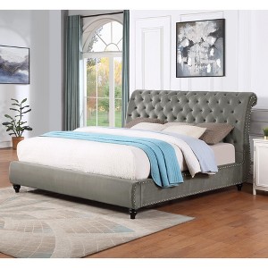 Roundhill Furniture Cerderia Velvet Upholstered Button Tufted Nailhead Trim Sleigh Bed, Gray - 1 of 4