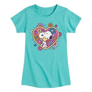 Girls' - Peanuts - Hug Heart Flower Fitted Short Sleeve Graphic T-Shirt - 1 of 4