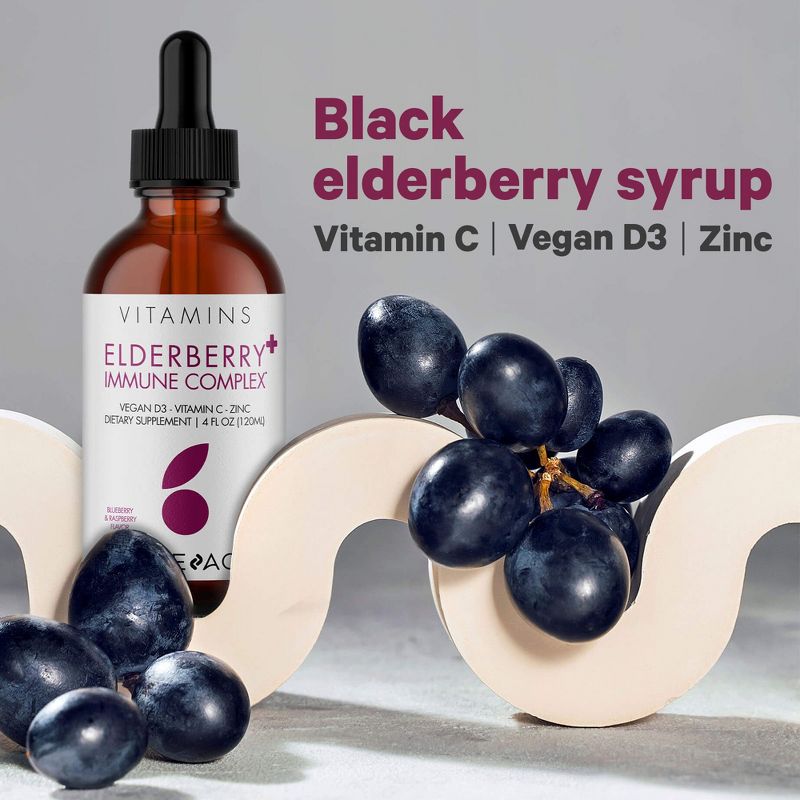 Codeage Elderberry Immune Complex Syrup, Black Sambucus + Vitamin C, D3,  & Zinc, Adults & Kids Liquid Supplement - 4 Fl Oz, 3 of 10