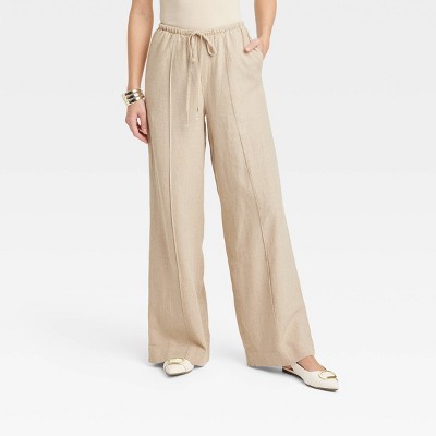 Women's High-rise Wide Leg Linen Pull-on Pants - A New Day™ Tan M : Target