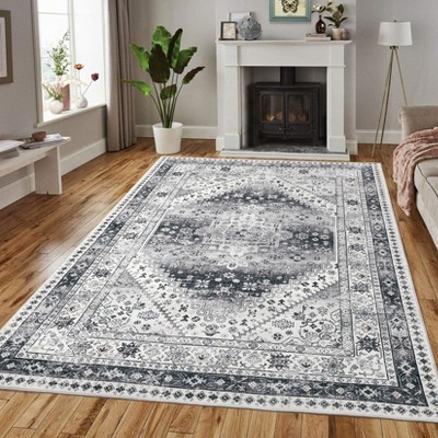 Washable Carpet, Vintage Distressed, Non-Slip, Non-Shedding Backing, Floor Cover, Soft, Short Pile, Foldable, Floral Badge Print Decorative Carpet