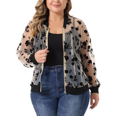 Agnes Orinda Women's Plus Size Bomber Mesh Sheer Floral Lace Long Sleeve Fashion Jackets