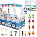 Ice Cream Truck Wooden Playset, 20 Fun Toy Pieces Including Freezer, Steering Wheel, Sink & Sticker Sheet for Kids Name, Includes Popsicles, Cones, Scooper & More, Play Stand for Outdoor Summer Fun