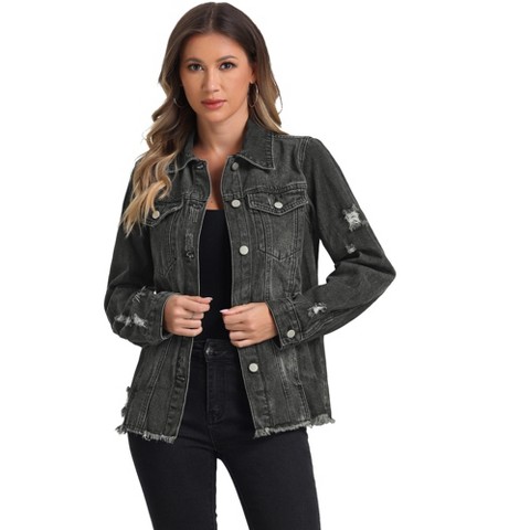 Allegra K Women's Frayed Washed Button Down Denim Jacket with Pockets Black Large
