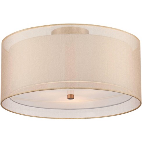 Possini Euro Design Halsted Modern Ceiling Light Semi Flush Mount Fixture  15 Wide Warm Brass 2-Light Oatmeal Linen Drum for Bedroom Living Room  House 