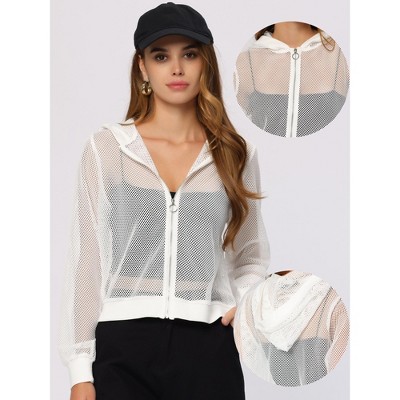 Женские худи INSPIRE CHIC Women's Zip Up Long Sleeve Mesh Sheer Bomber Jackets Large White — фото 2