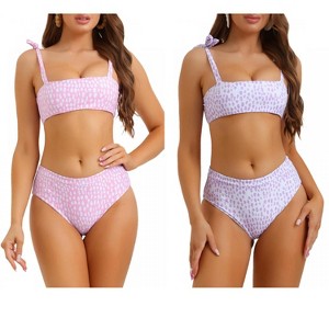 INSPIRE CHIC Women's Tie Shoulder Leopard Print Bandeau High Waist Swimwear Bathing Suits 2 Sets - 1 of 4