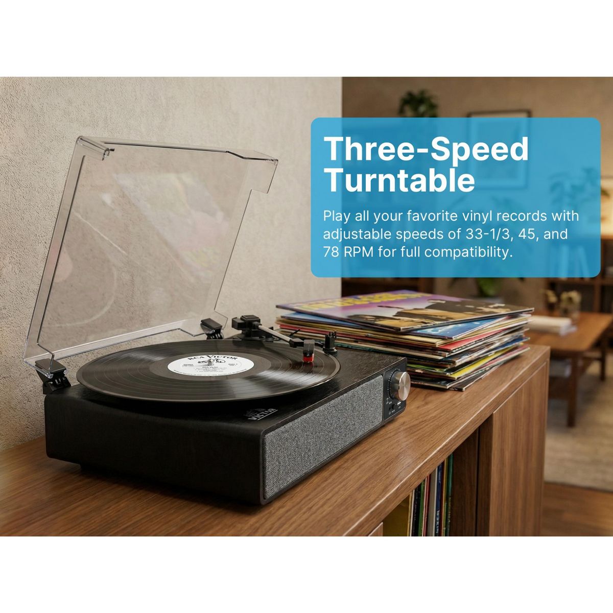 Victor VHRP-1405 Amherst All-in-One 3-Speed Turntable with AudioStream, Bluetooth In/Out, Built-in Stereo Speakers, USB MP3 Playback, RCA Outputs - thumbnail 9
