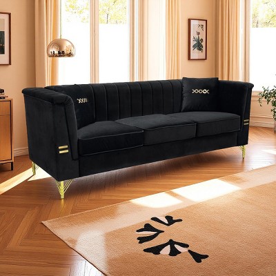 83.5" Velvet 3-Seater Chesterfield Sofa,Vertical Channel Tufted Couch with Gold Metal Legs & 2 Pillows for Living Room-Baofuwish
