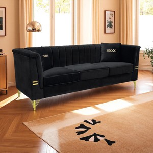 83.5" Velvet 3-Seater Chesterfield Sofa,Vertical Channel Tufted Couch with Gold Metal Legs & 2 Pillows for Living Room-Baofuwish - 1 of 4