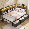 Corner Bed Frame with Storage Bookcase and LED Lights Twin Size Bed Frames with Upholstered Headboard and Charging Station bed with 3 Storage Drawers - 3 of 4