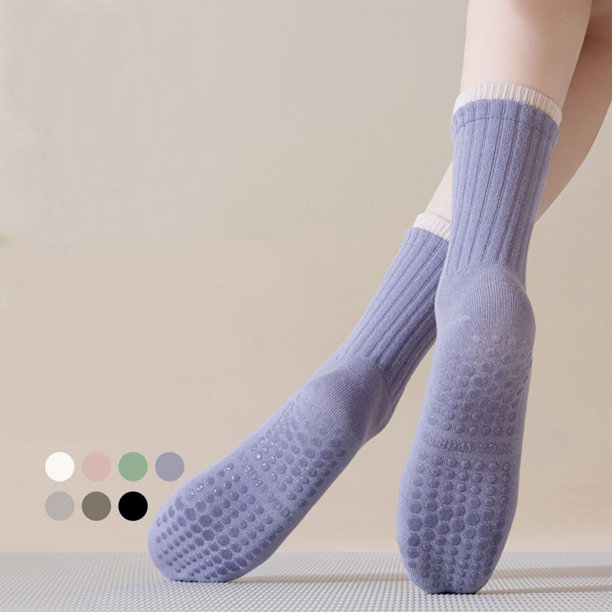 Anna-Kaci Womens Non-Slip Grip Crew Socks 3 Pair Pack Custom Color Combos Soft Ribbed Cotton with 3D Silicone Heel - thumbnail 2