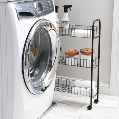 Slim Black Steel 3-Shelf Rolling Laundry Cart