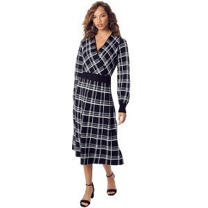 Roaman's Women's Plus Size Tartan Fit-And-Flare Sweater Dress - 1 of 4