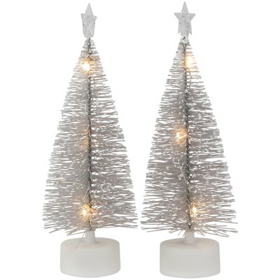 Set of 2 Silver LED Mini Bottle Brush Christmas Trees with Star Topper