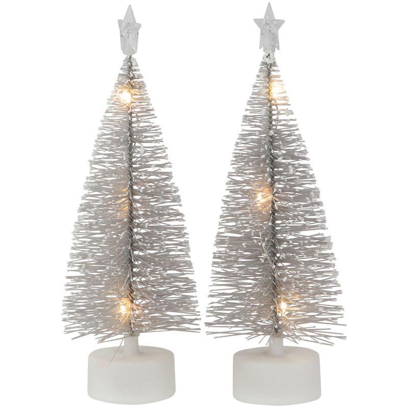 Northlight Set of 2 LED Pre-Lit Silver Mini Bottle Brush Pine Christmas Village Trees, 4 of 7
