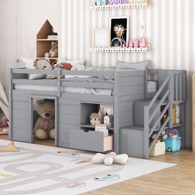 JUJABU Solid Wood Twin Size Low Loft Bed with Staircase, Drawer, and Storage Shelf